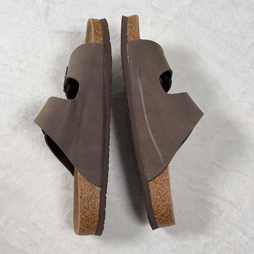 FITORY Mens Flat Sandals Brown Two Strap Buckle Cork Footbed Slide Shoes US 10